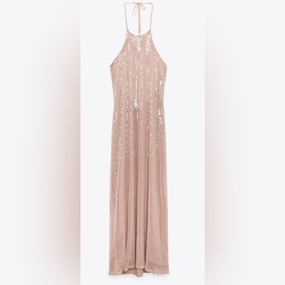NWT Zara Midi Sequin Halter Low Back Pink Dress - Picture 1 of 8